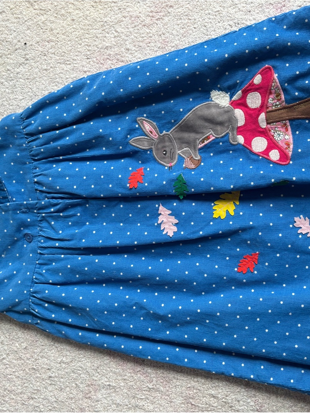 Mini Boden Blue Polka Dot Skirt with Bunny & Mushroom Applique